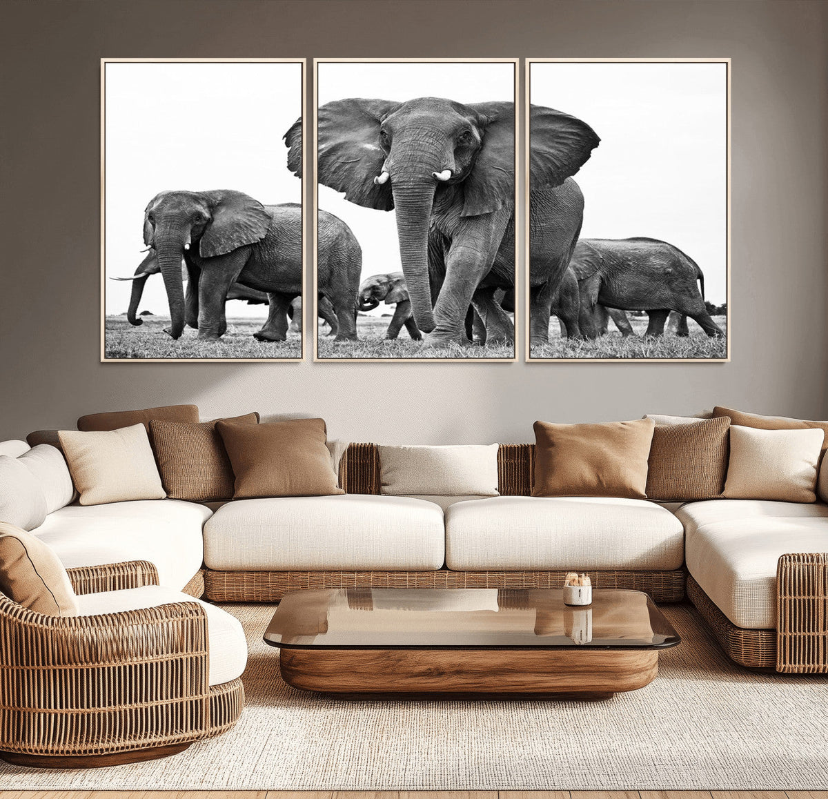 Black White Elephant Family Wall Art Canvas Print