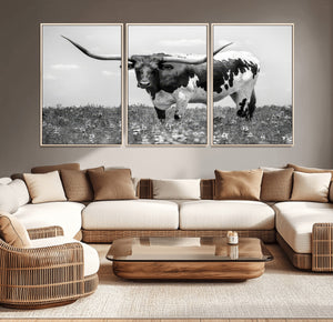 Texas Black White Highland Longhorn Cow Wall Art Canvas