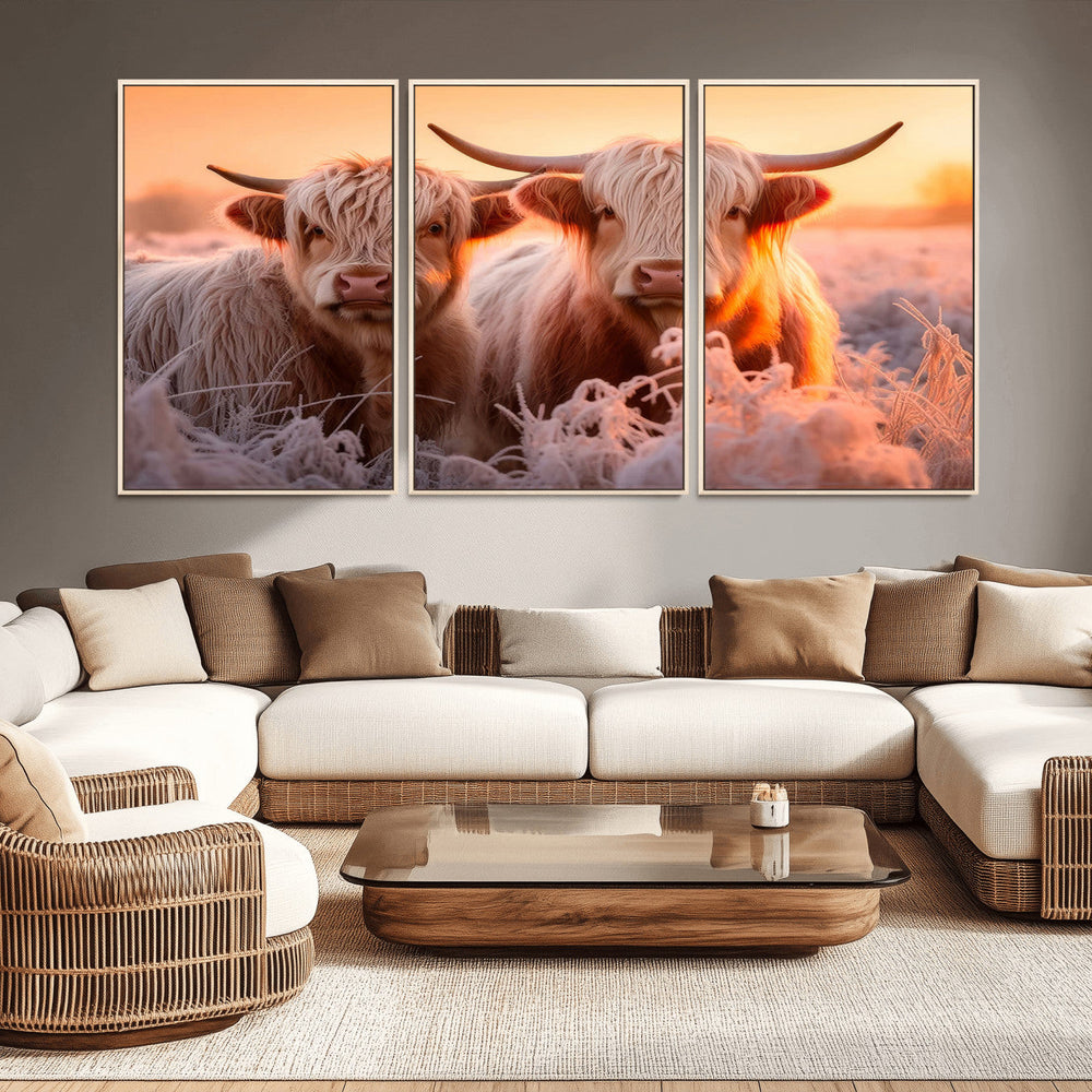 Highland Cows at Sunrise Wall Art Canvas Set – Serene and