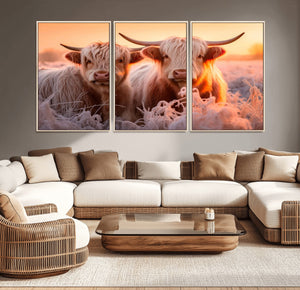 Highland Cows at Sunrise Wall Art Canvas Set – Serene and