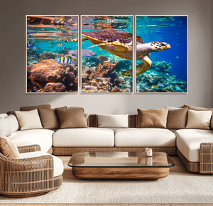 Sea Turtle Wall Art Canvas Print – Vibrant Ocean Coral Reef