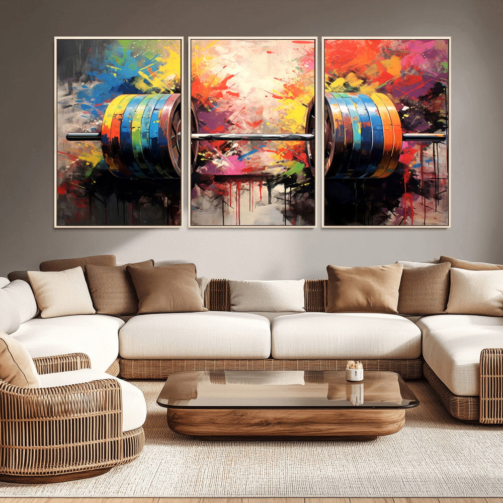 Weightlifting Barbell Art Triptych, Bold Abstract Fitness