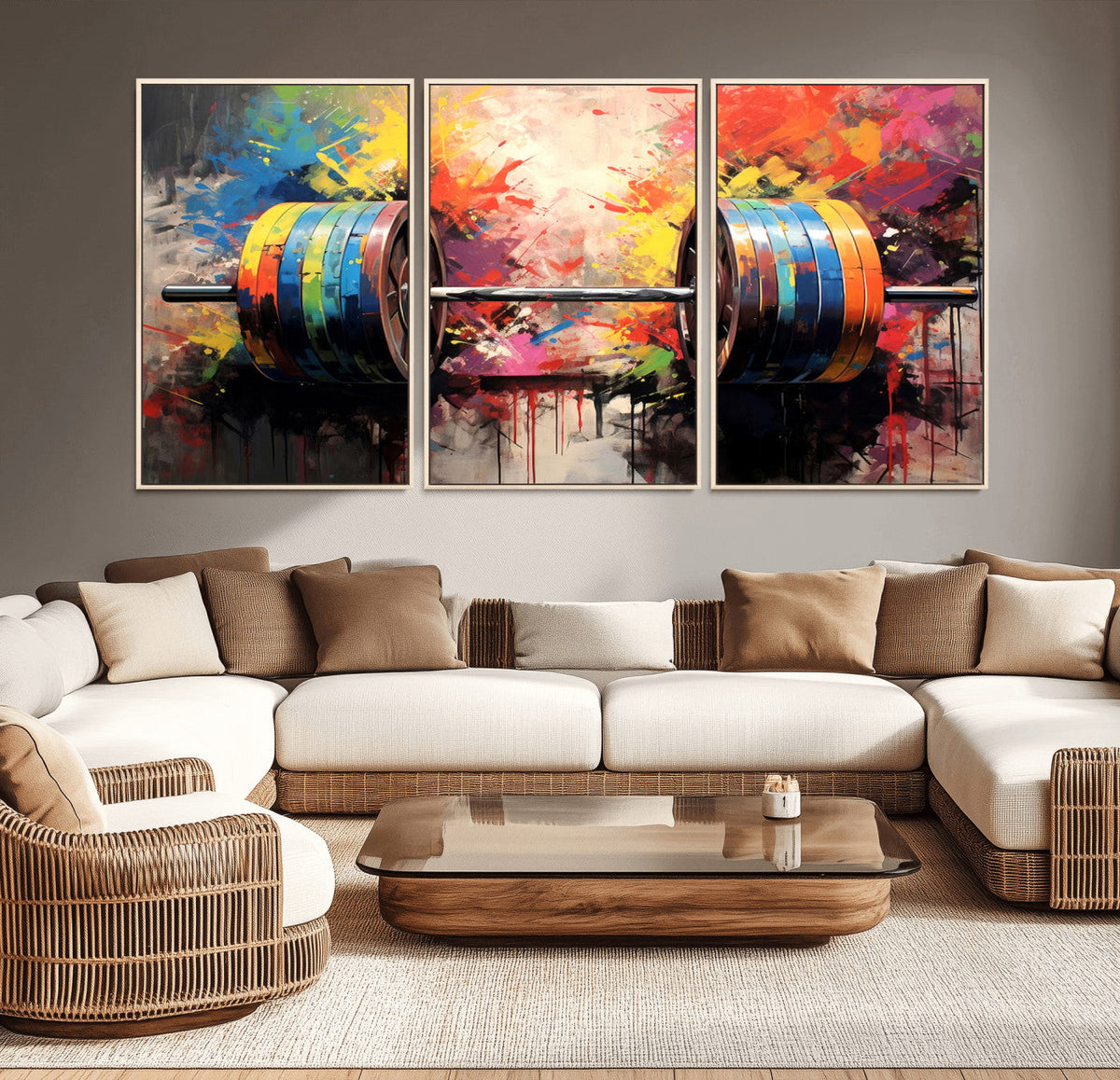 Weightlifting Barbell Art Triptych, Bold Abstract Fitness