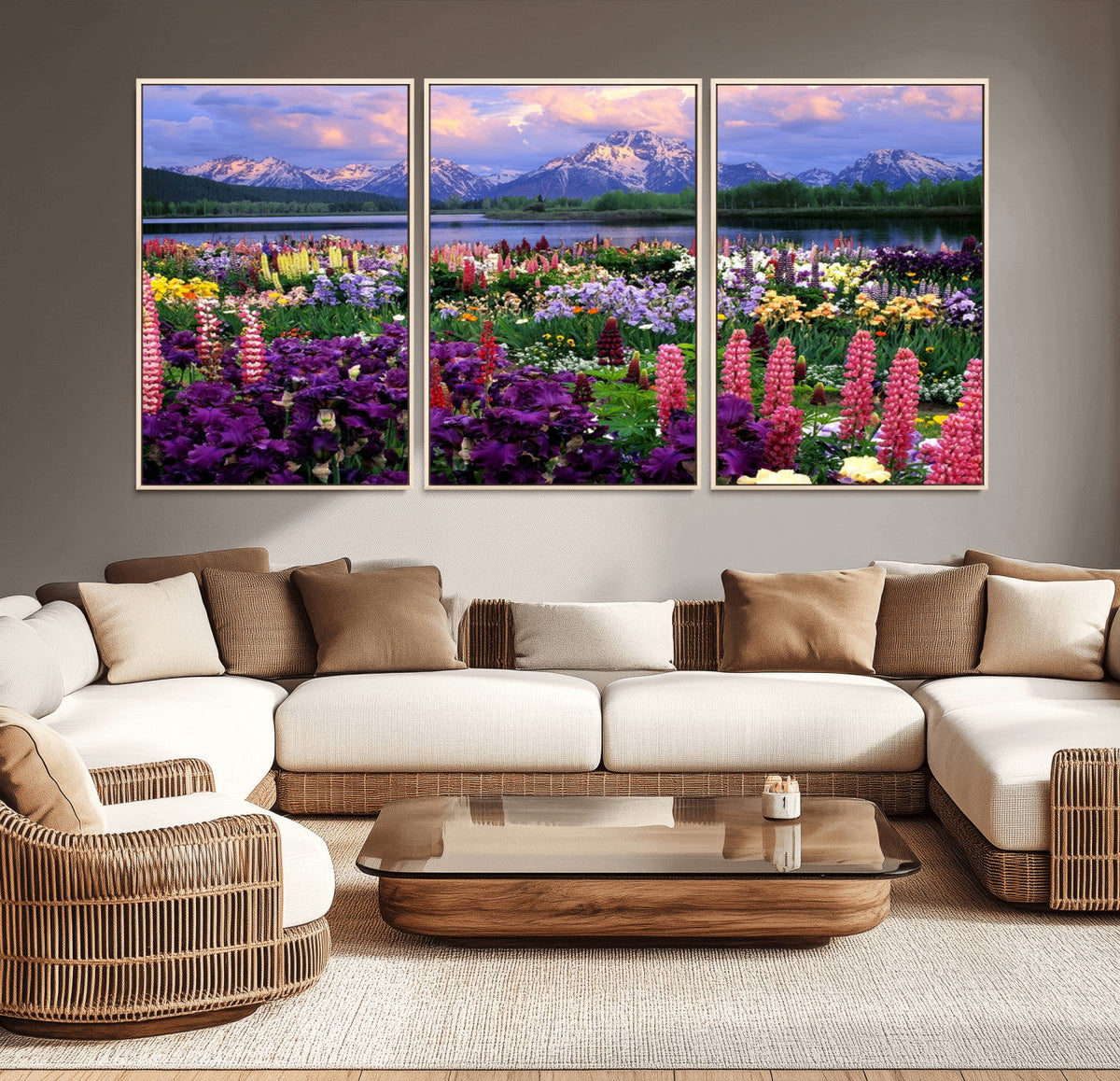 Vibrant Wildflower Garden and Mountain View Giclee Canvas