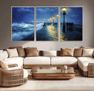 Storm Ocean Pier Canvas Wall Art Print - Large Moody Night