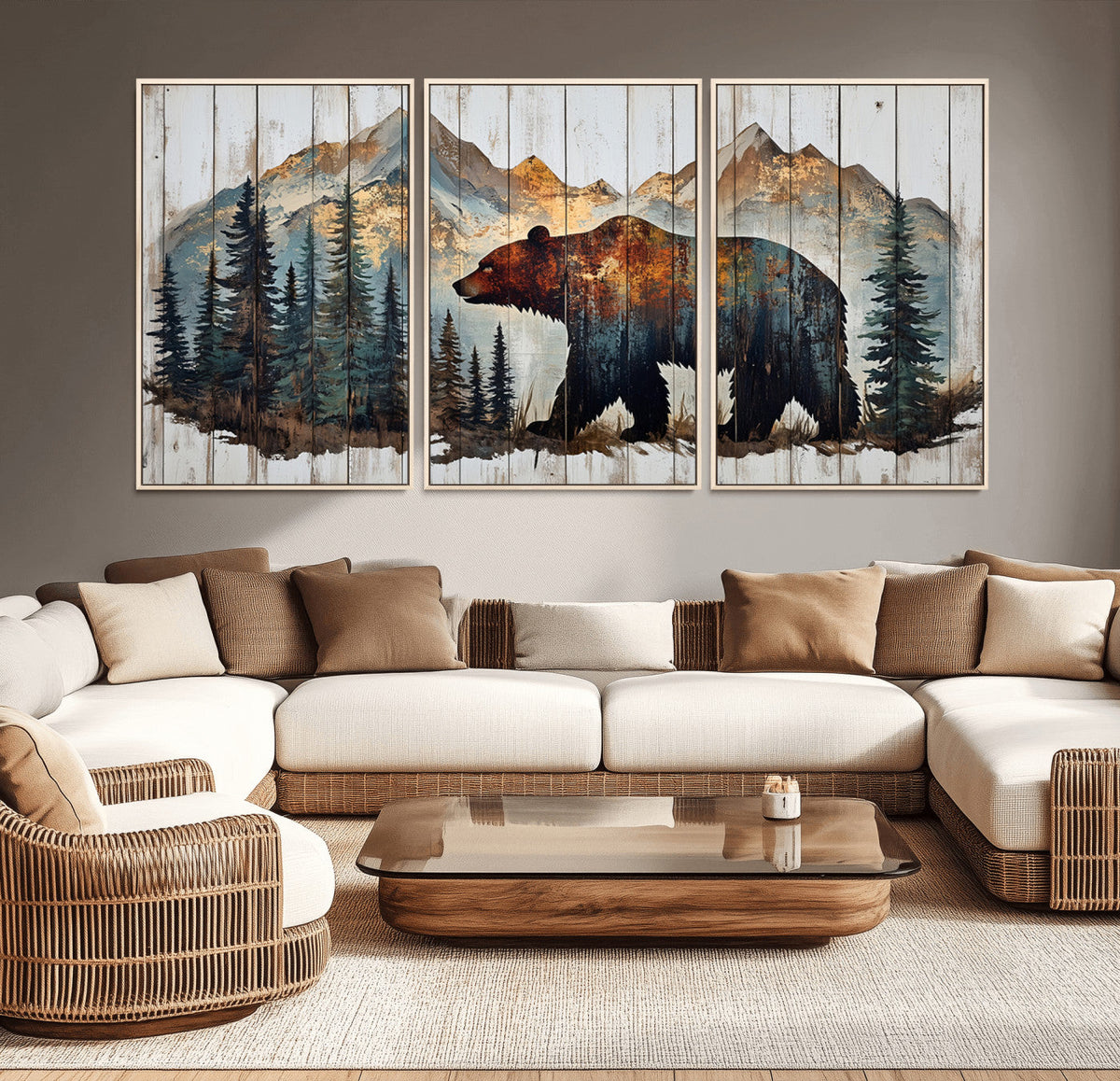 Rustic Grizzly 399 Bear and Mountain Wood Canvas Wall Art -