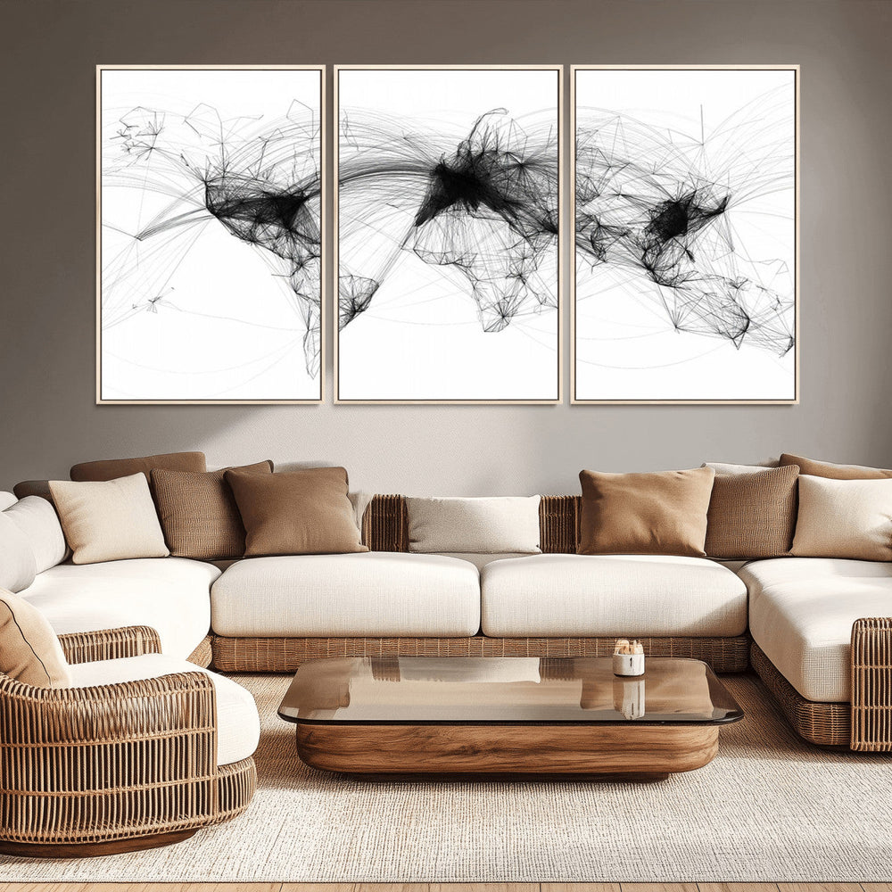 Abstract World Map Wall Art – Framed Geometric Line Canvas
