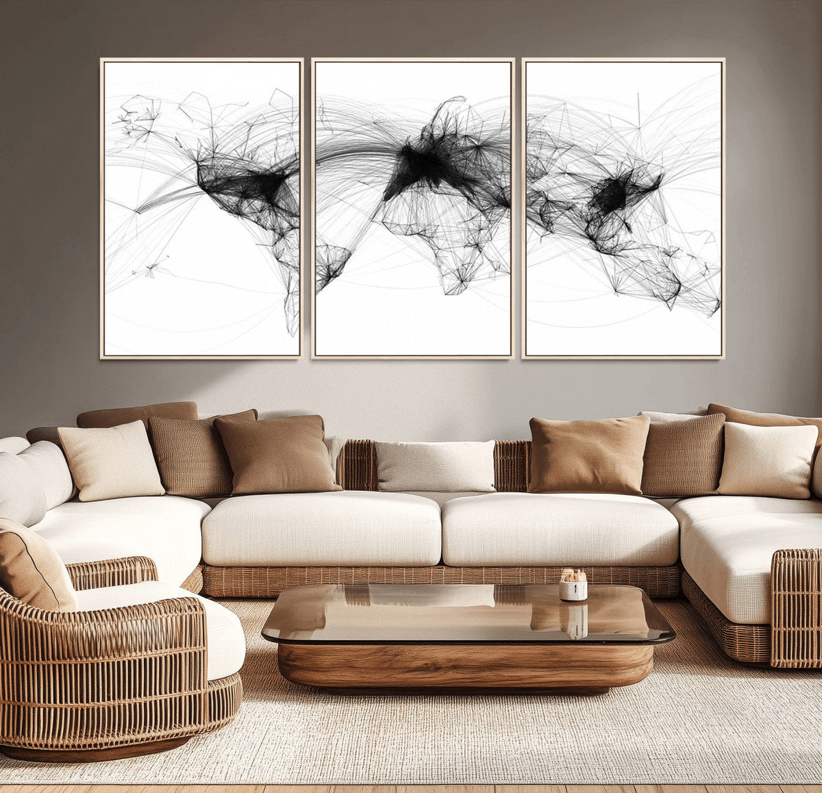 Abstract World Map Wall Art – Framed Geometric Line Canvas