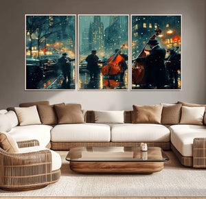 Urban Night Jazz Wall Art Canvas Print – Moody Rain-Soaked