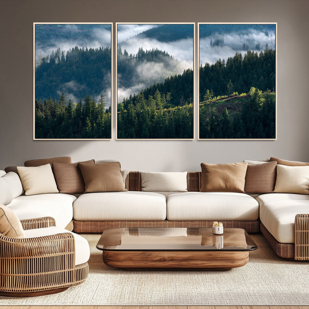 Misty Forest Wall Art Canvas Print – Pine Hills Foggy Trees