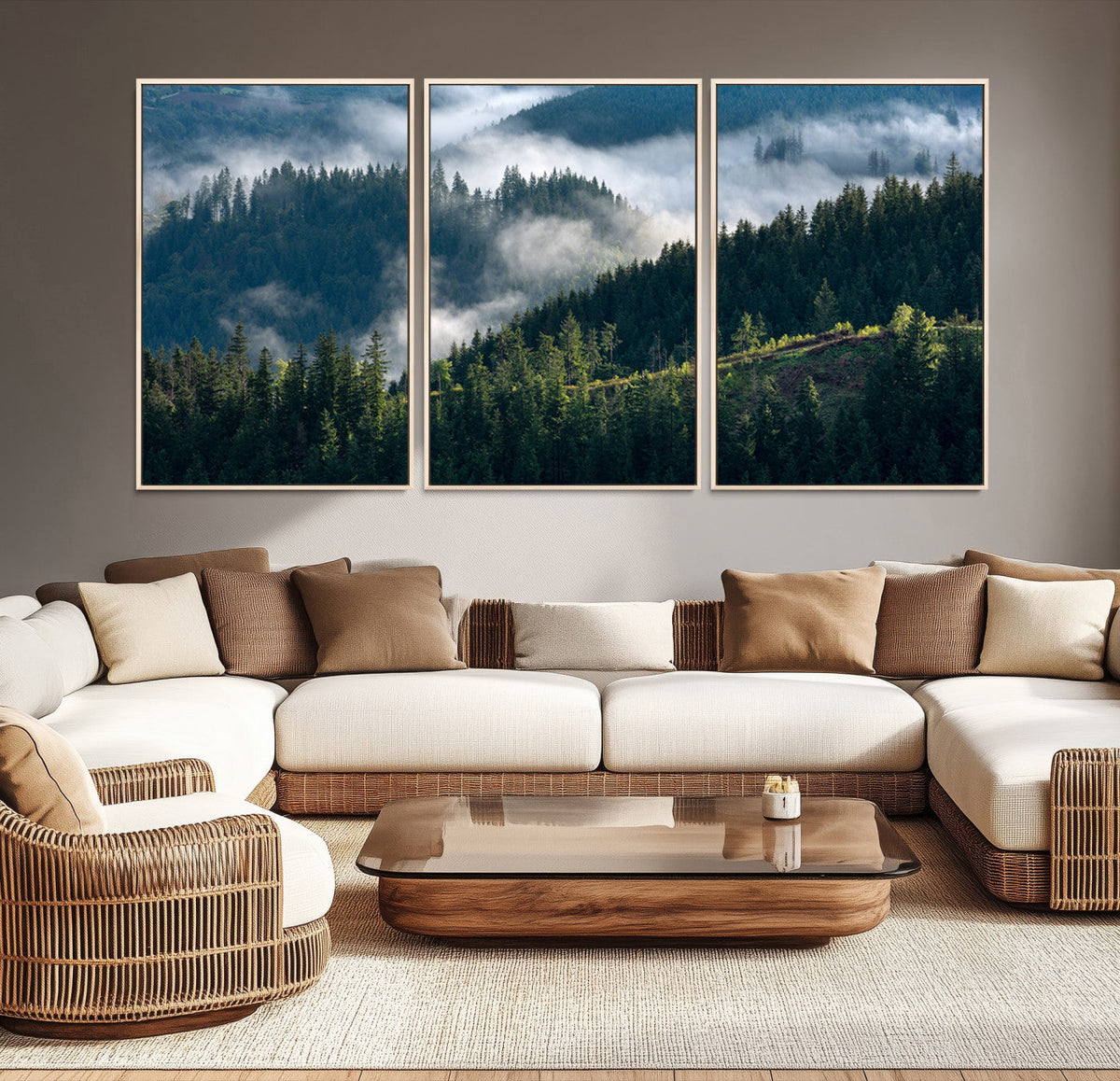 Misty Forest Wall Art Canvas Print, Serene Pine Hills and