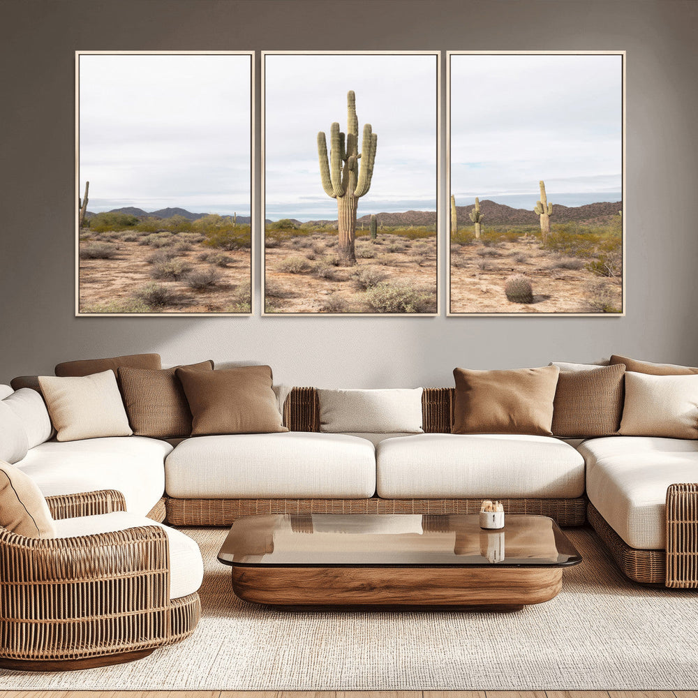 Saguaro Cactus Wall Art – Framed Desert Canvas Artwork,