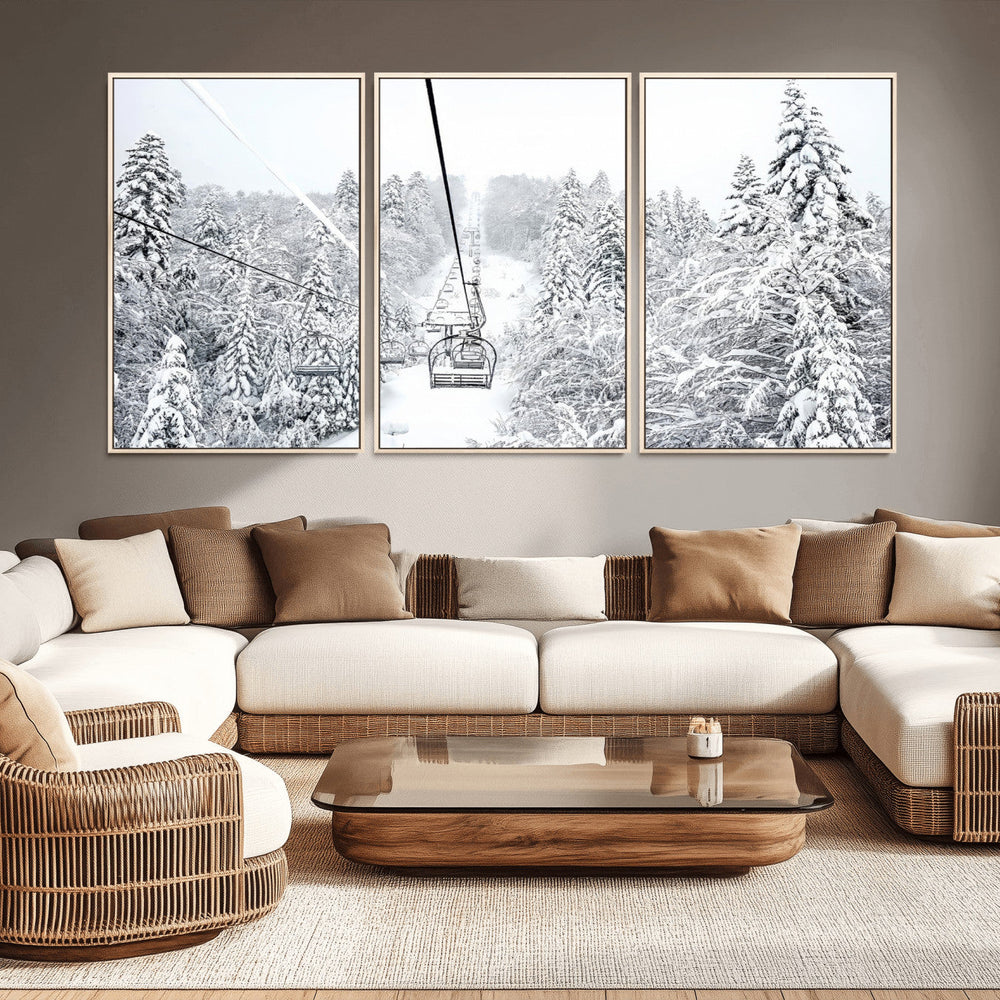 Snowy Ski Lift Wall Art – Framed Winter Mountain Canvas