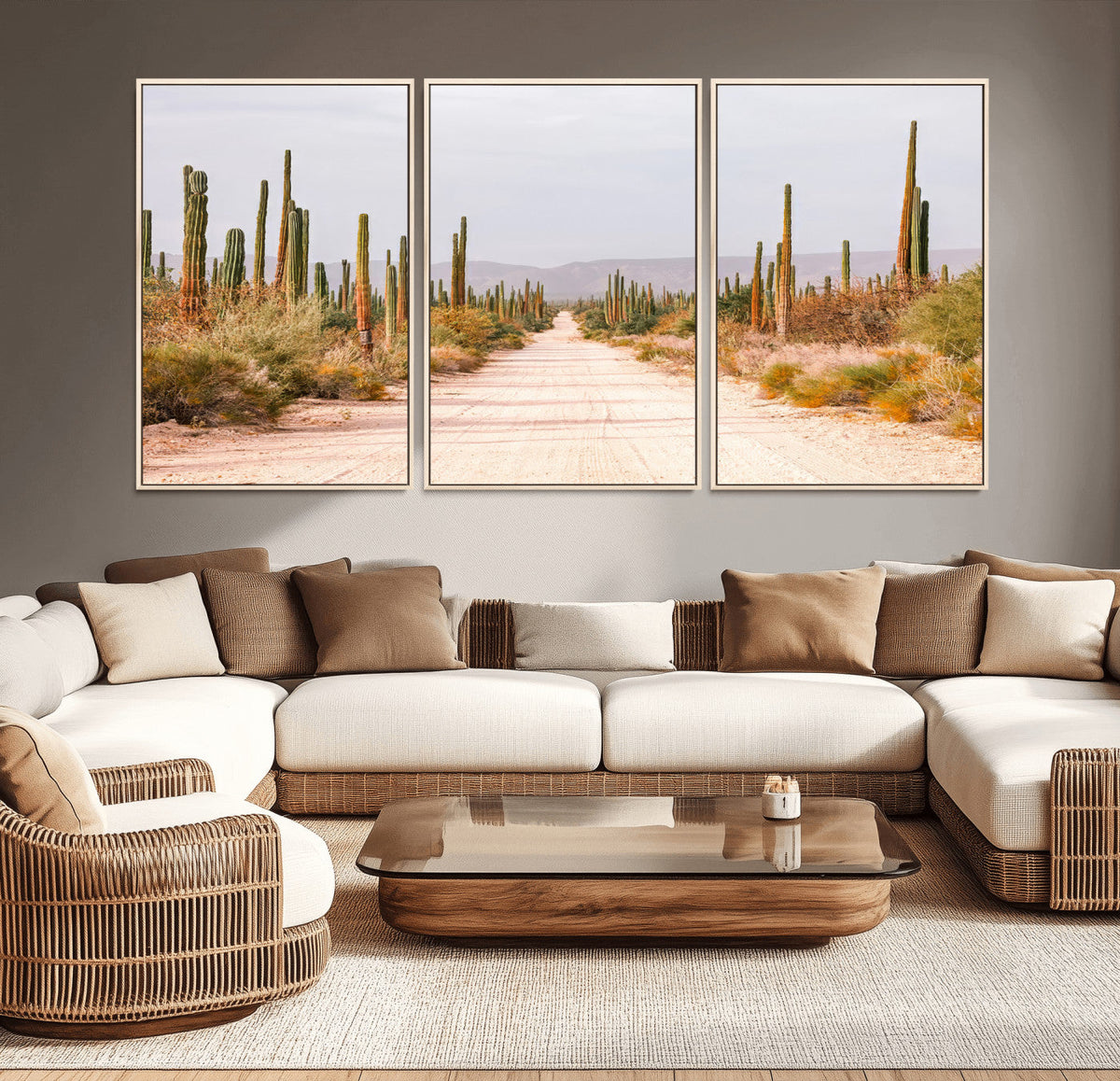 Desert Cactus Lined Road Wall Art Canvas Print – Framed