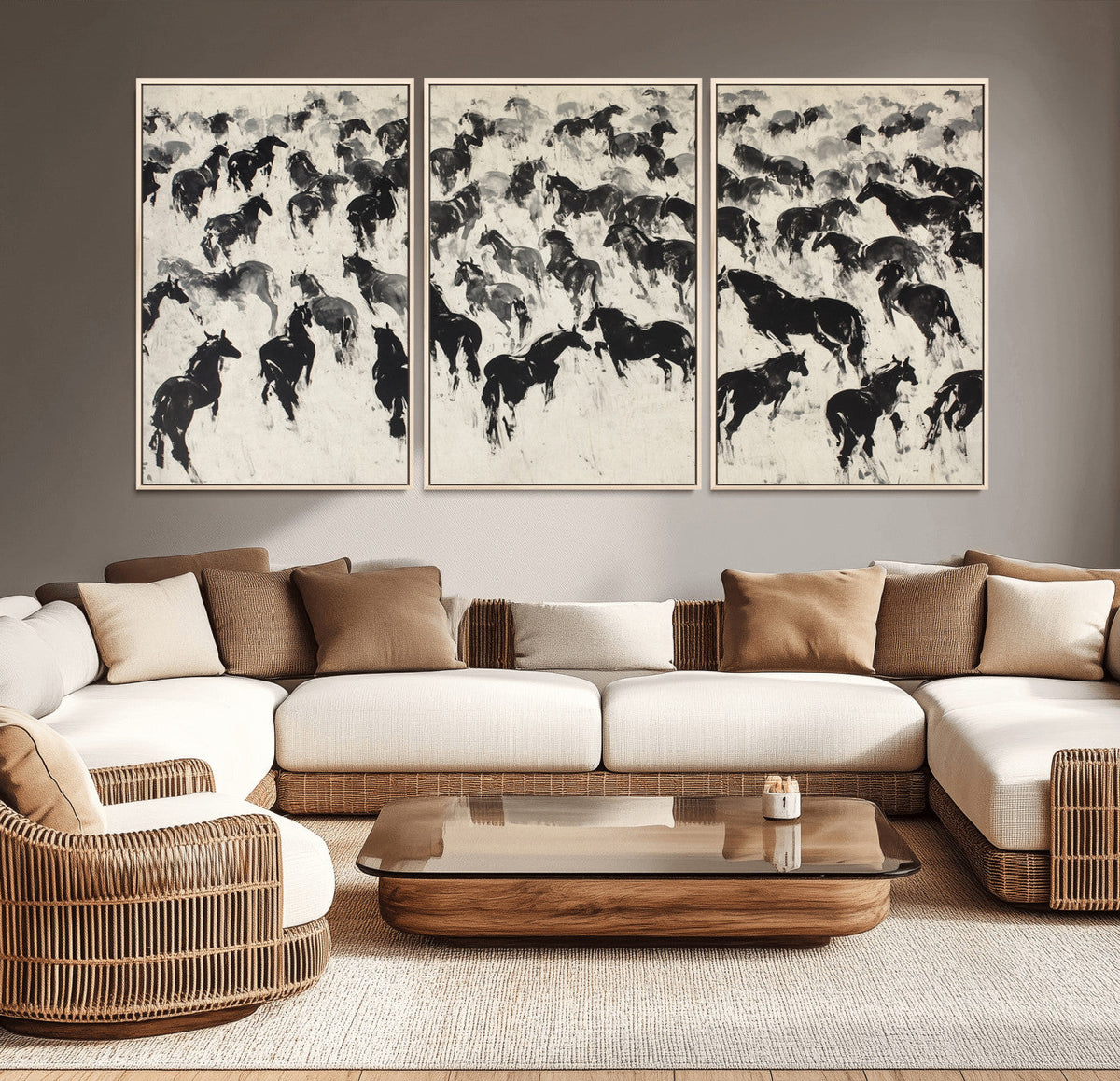 Wild Horse Stampede Wall Art Canvas Print – Monochrome
