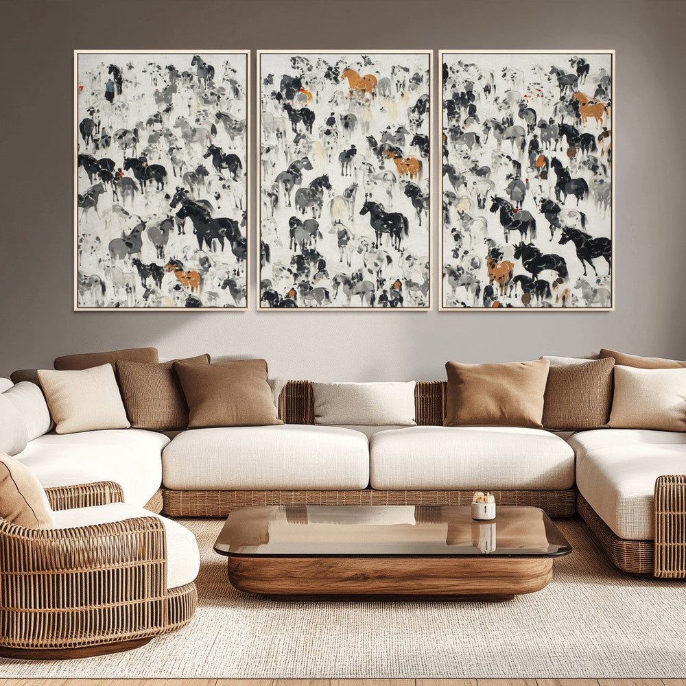 Wild Horse Stampede Wall Art Canvas Print – Monochrome