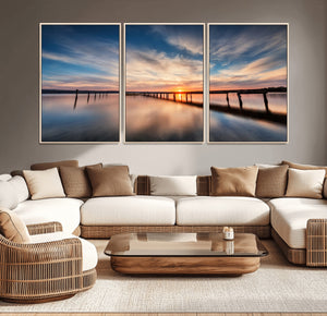 Wooden Pier on Seascape and Sunset Wall Art Canvas Print