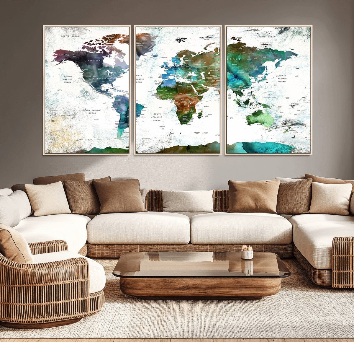 Modern Watercolor World Map Canvas Wall Art – Framed