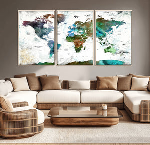 Modern Watercolor World Map Canvas Wall Art – Framed