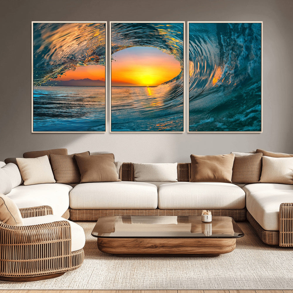 Ocean Wave Sunset Wall Art | Large Coastal Wave Canvas Print