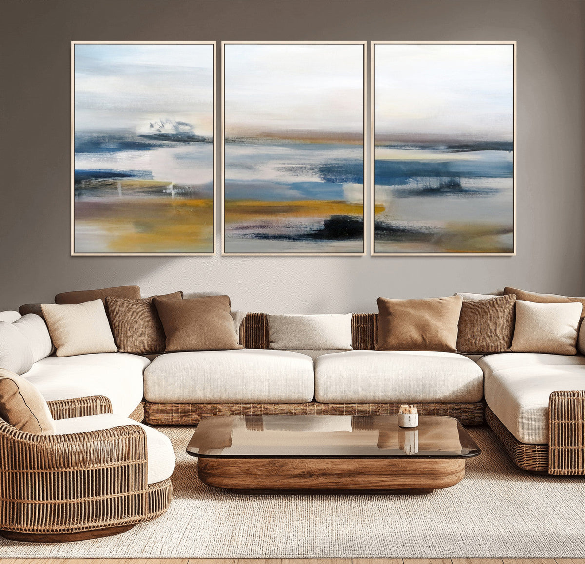Abstract Landscape Wall Art Canvas | 3 Panel Modern Blue,