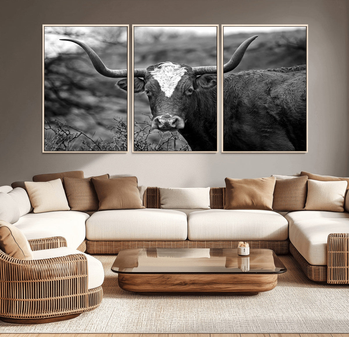 Western Home Wall Art Canvas Print, Framed Texas Longhorn