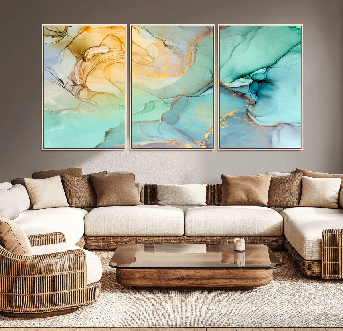 Abstract Aqua and Gold Fluid Wall Art Canvas | 3 Panel Large