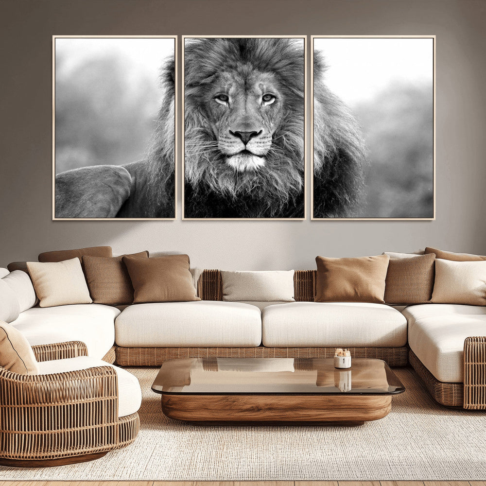 Black and White Lion Canvas Wall Art – Animal Print Artwork