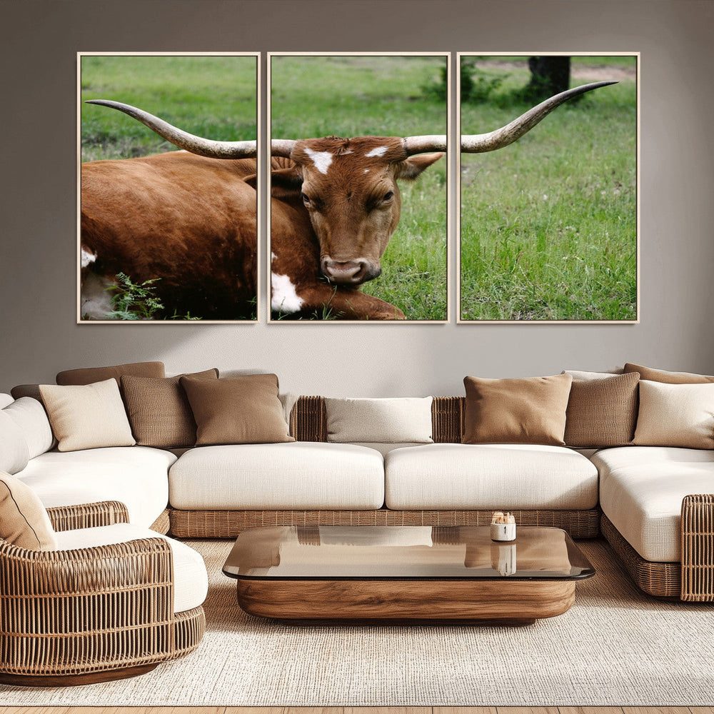Longhorn Steer Canvas Wall Art – Rustic Nature Triptych