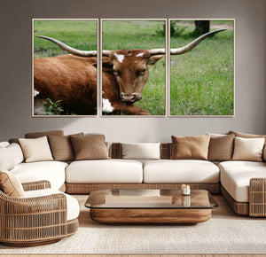 Longhorn Steer Canvas Wall Art – Rustic Nature Triptych
