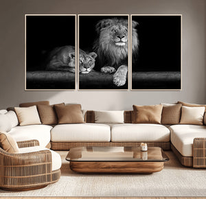 Large Black and White Lion Couple Wall Art Canvas Print –