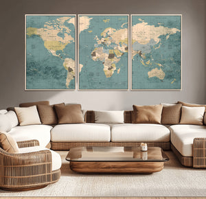 Classic World Map Canvas Print – Framed Vintage Map Wall