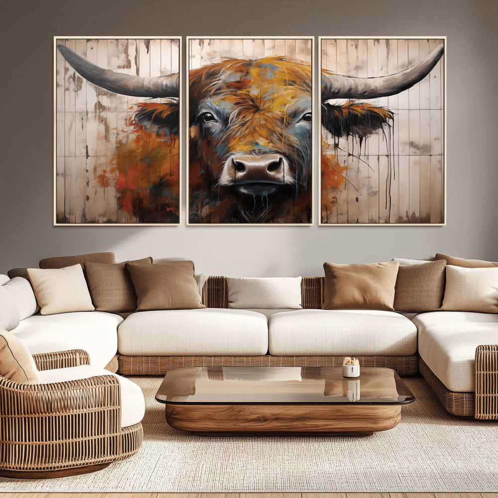 Scottish Highland Cow Cattle Art Print on Wood Style