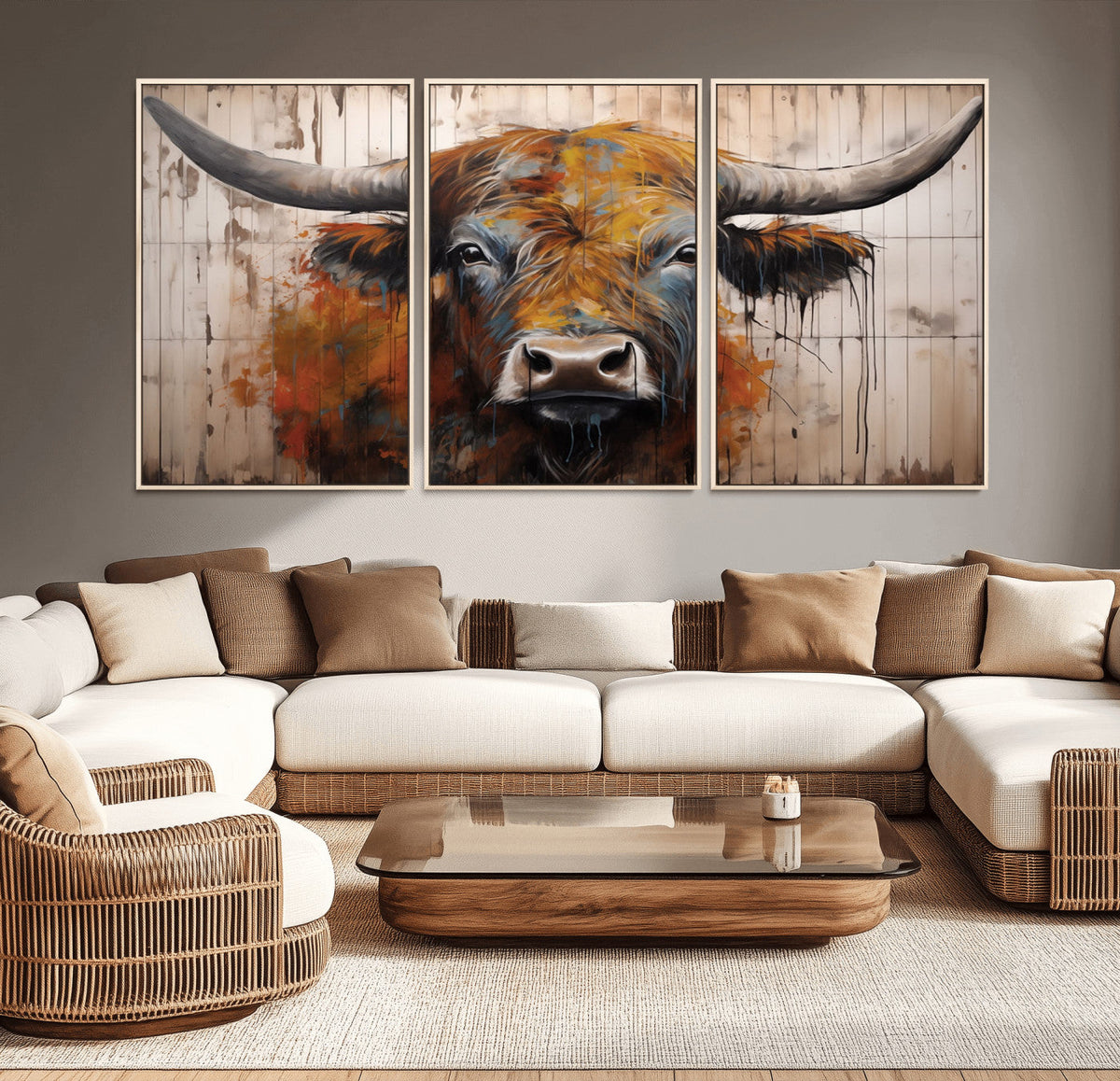 Abstract Bull Highland Cow Canvas Wall Art Print – Vibrant