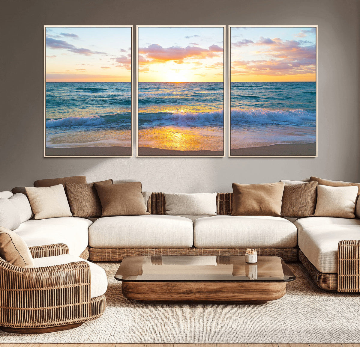 Golden Sunset Over Ocean Waves - Serene Coastal Triptych