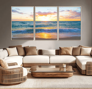 Golden Sunset Over Ocean Waves - Serene Coastal Triptych