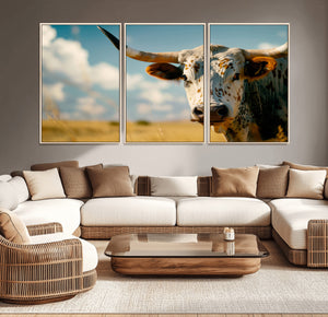 Longhorn in the Prairie - Stunning Ranch-Style Triptych Wall
