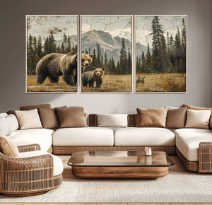 Rustic Grizzly 399 Bear Family Wall Art Canvas Print