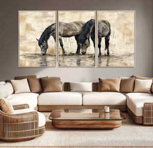 Chinese Style Abstract Black Horses Wall Art Canvas Print -