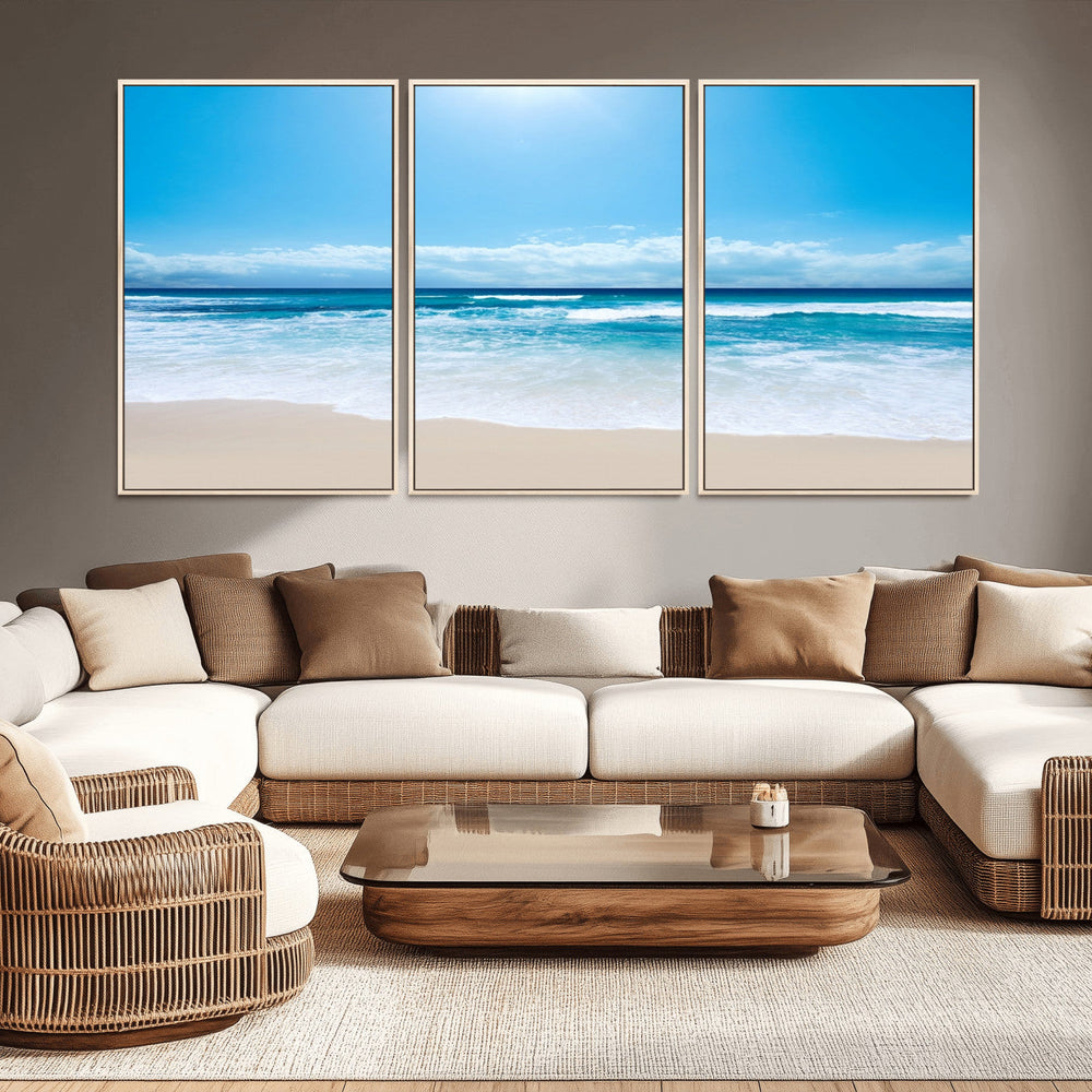 Wall Art Canvas Print Shiny Blue Sea and Beach