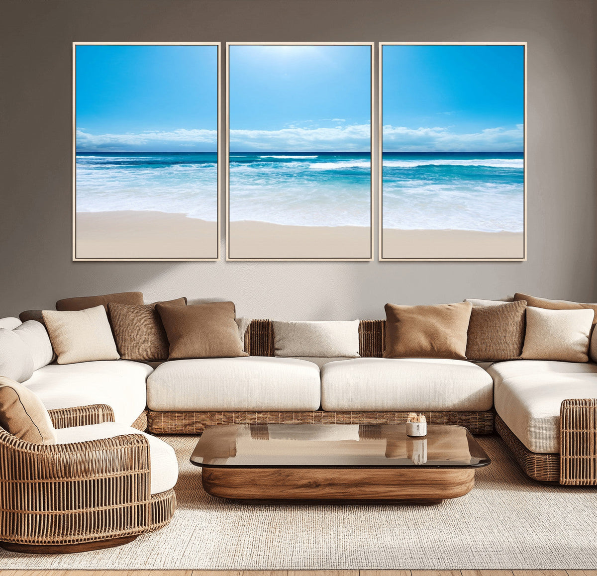 Wall Art Canvas Print Shiny Blue Sea and Beach