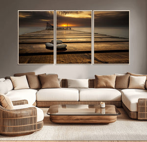 Stones on Wooden Pier at Sunset Canvas Print, Serene Coastal