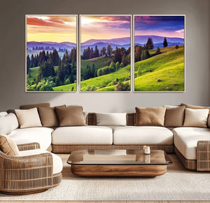Green Hills and Sunset Wall Art Print - Scenic Landscape