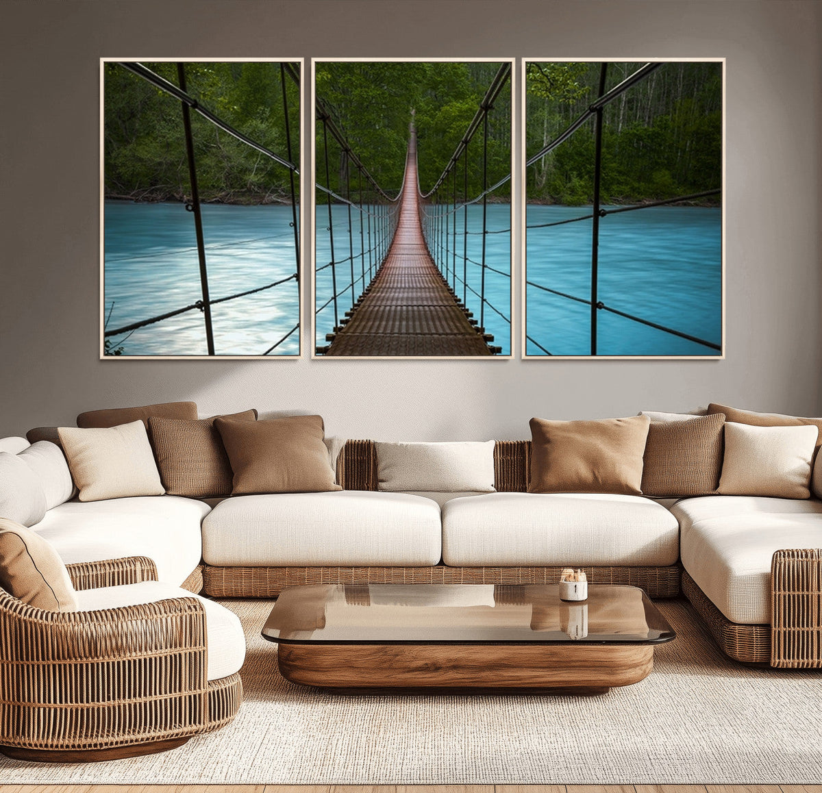Suspension Bridge Over River Canvas Art | 3-Panel Nature