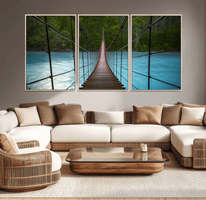 Suspension Bridge Over River Canvas Art | 3-Panel Nature