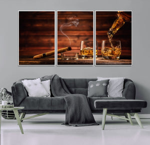 Whiskey and Cigar Wall Art Canvas | 3 Panel Bar Room Decor