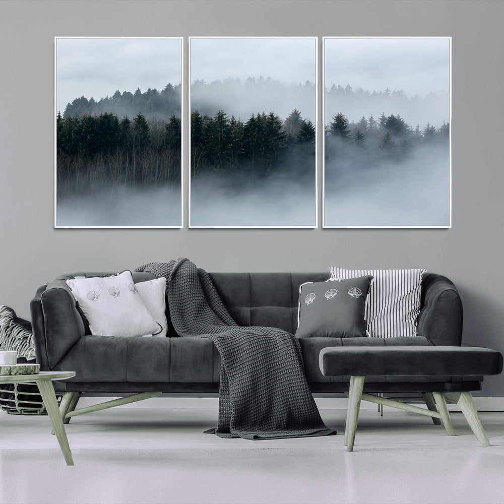 Autumn and Misty Trees in the Forest Wall Art Canvas Print,