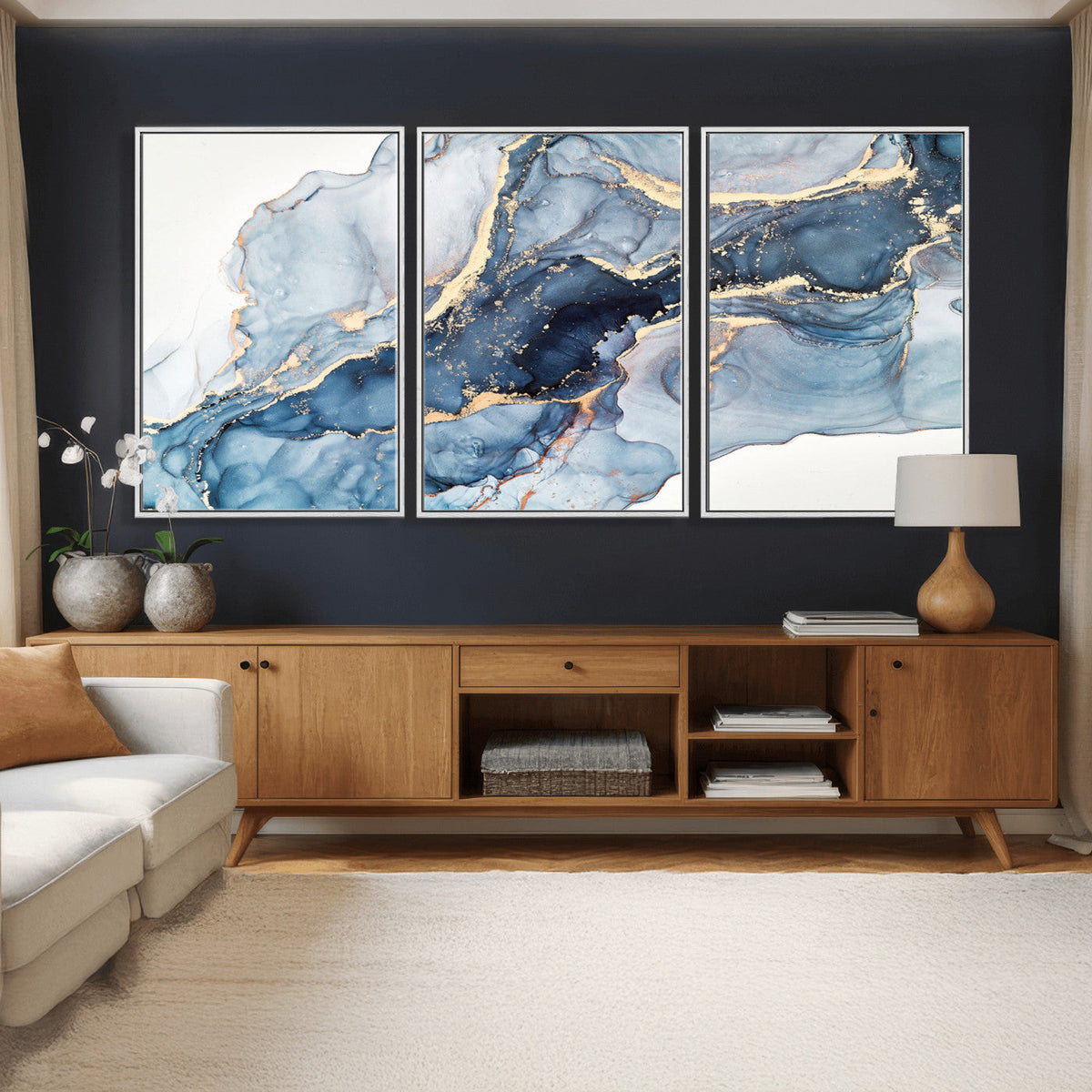 Blue Abstract Canvas Wall Art Print | Fluid Marble Effect Abstract Art