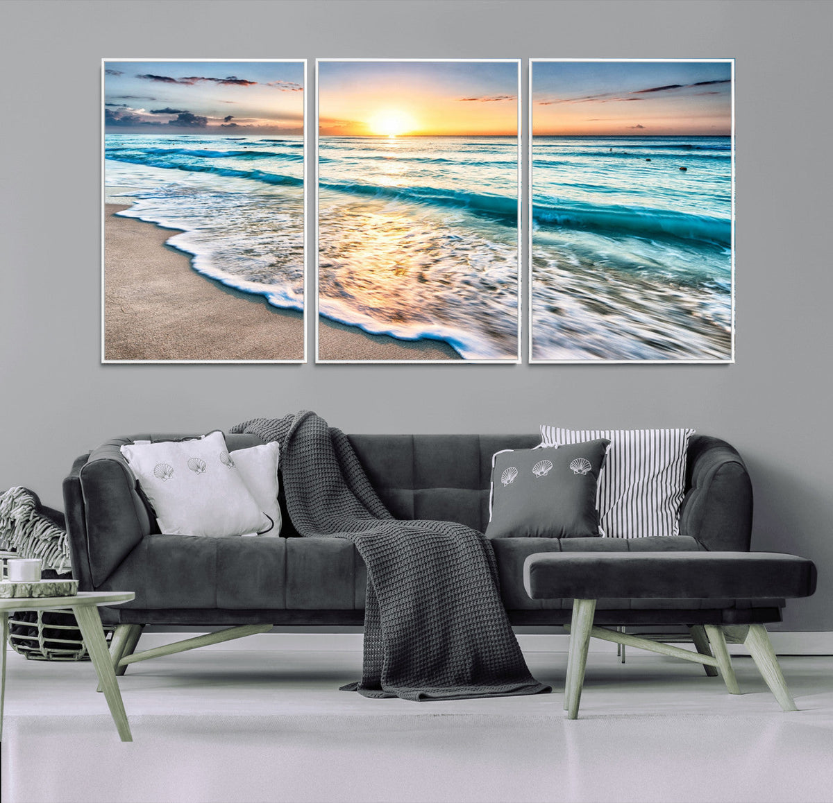 Sunset Beach Waves Canvas Wall Art – 5-Panel Ocean Sunset