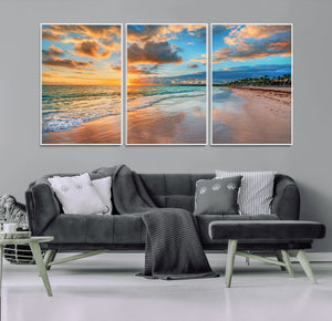 Sunset Ocean Waves on Tropical Beach, 3-Panel Giclee Canvas